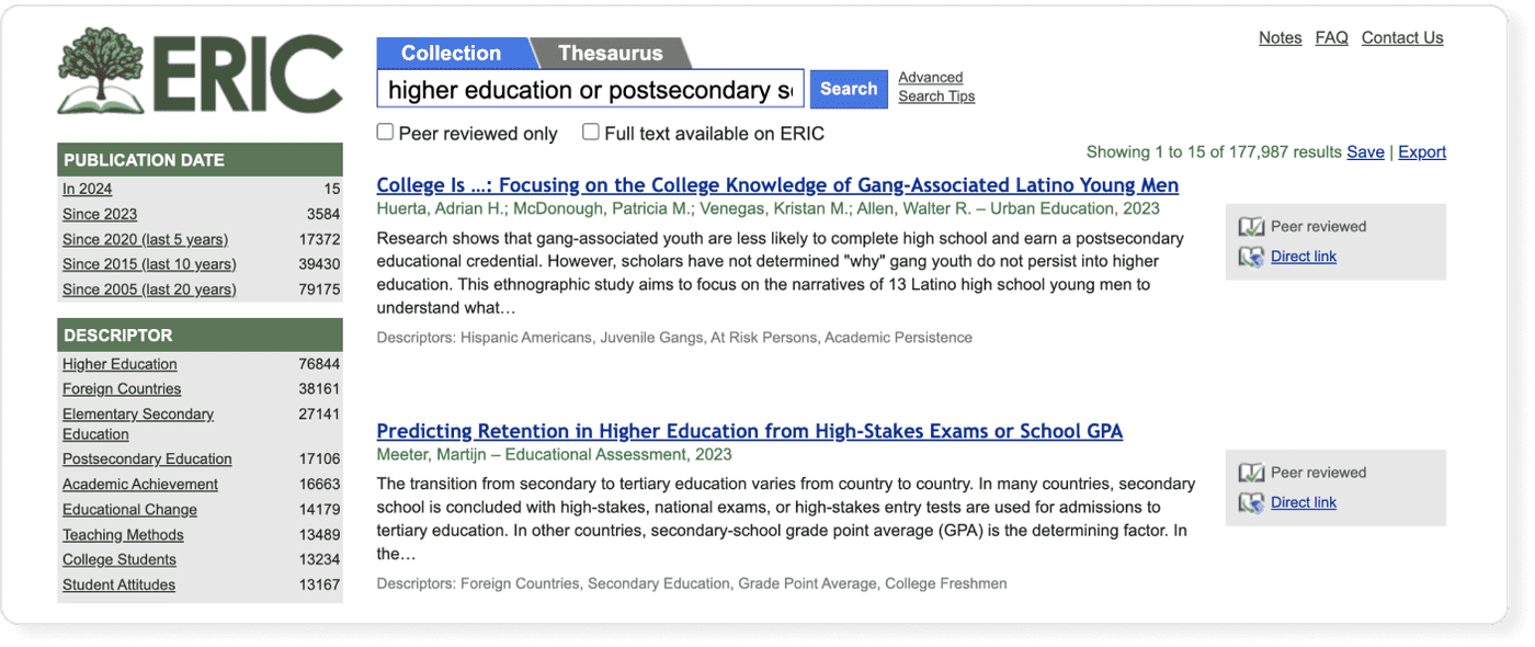 ERIC database: search results